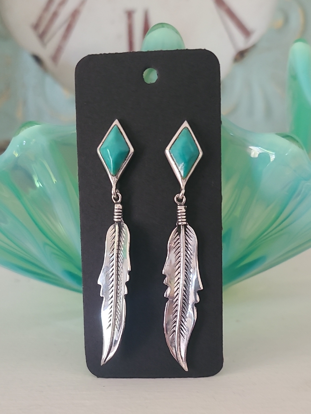 Vintage 80's-90's Lowell Draper 926 Sterling Silver Feather & Turquoise Earrings